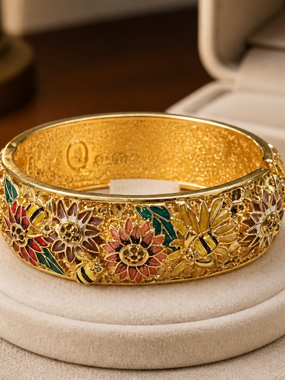 Gold Enamel Sunflower & Bee Cuff Bracelet - NWT